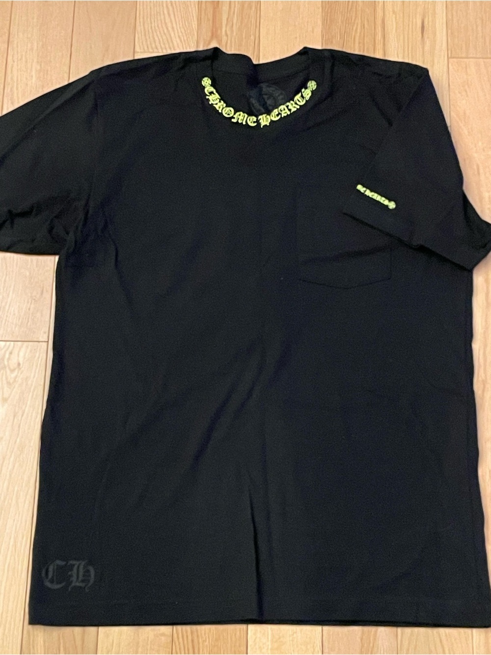 Chrome Hearts Black Short Sleeve Tee with Neon Green Neck Logo